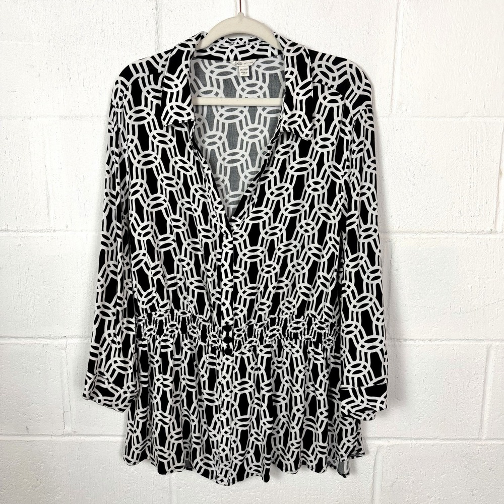 Cato Popover Top V-Neck Stretch Peplum Flowy Geometric Artsy Office Career 26/28